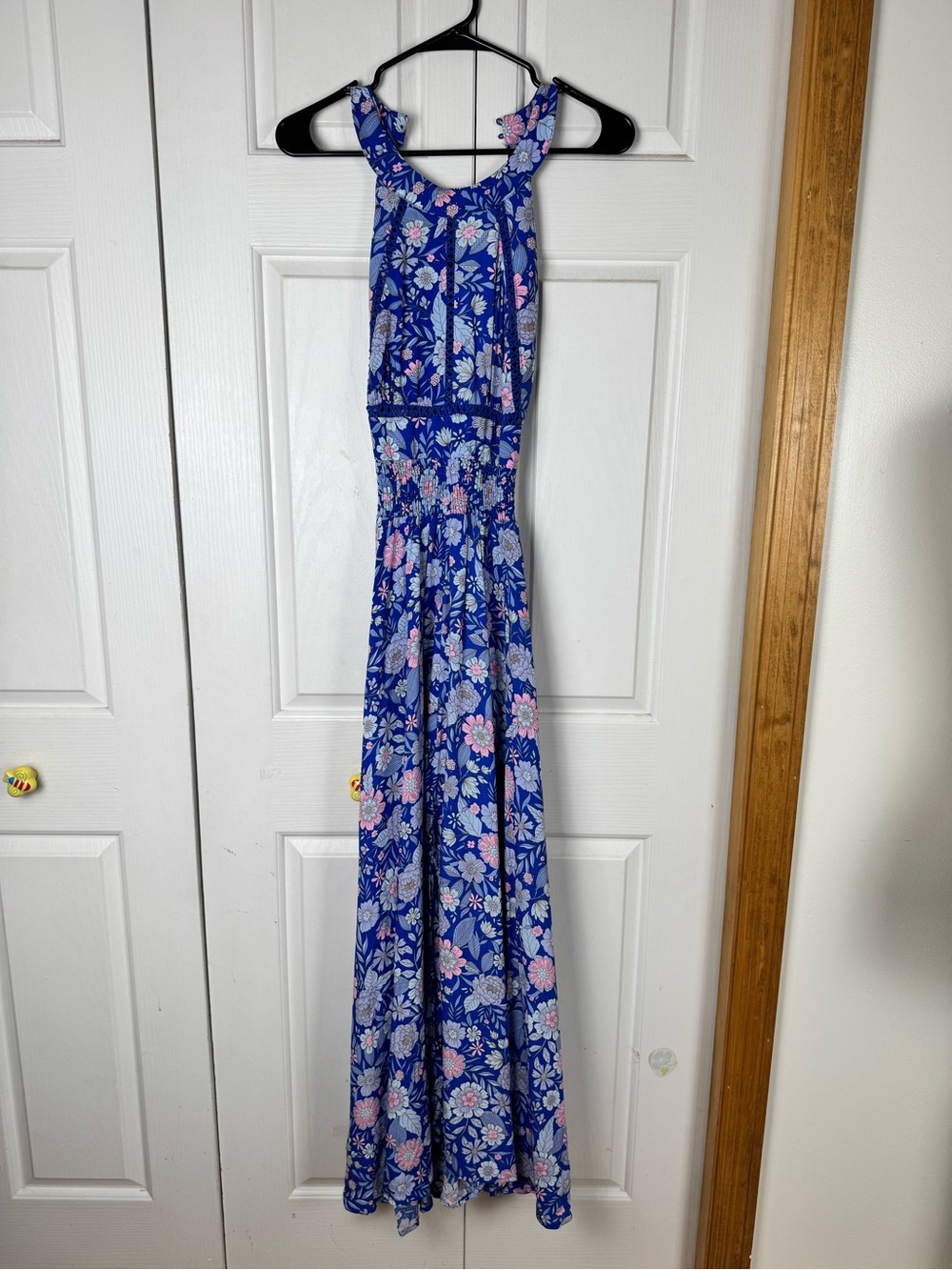 Abel The Label Blue Pink Floral Smocked Waist Sleeveless Maxi Dress Size S
